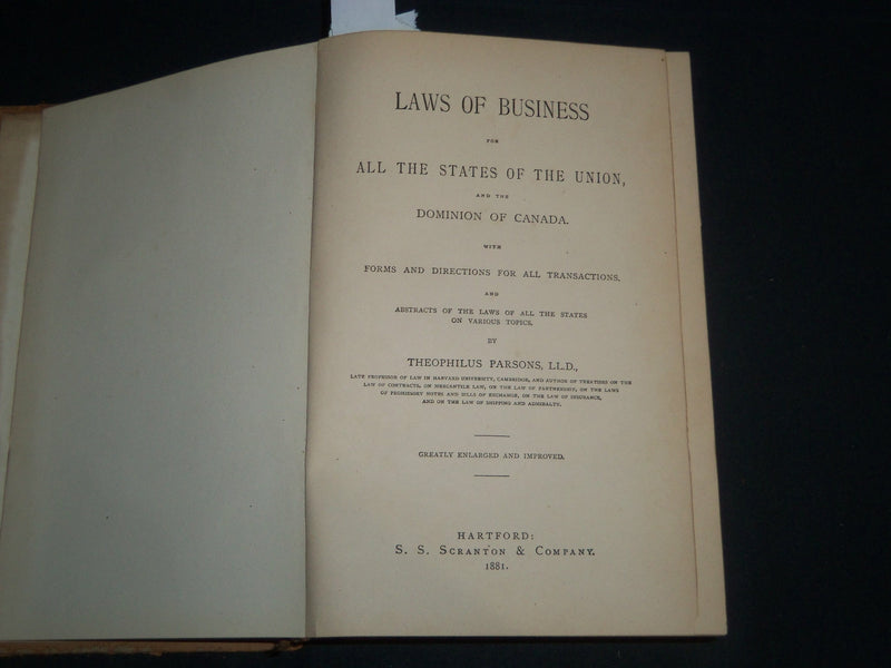 1881 LAWS OF BUSINESS FOR ALL STATES & CANADA BOOK BY THEOPHILUS PARSONS- R 1268
