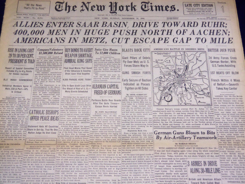 1944 NOVEMBER 19 NEW YORK TIMES - 400,000 MEN PUSH NORTH OF AACHEN - NT 2605