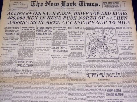 1944 NOVEMBER 19 NEW YORK TIMES - 400,000 MEN PUSH NORTH OF AACHEN - NT 2605