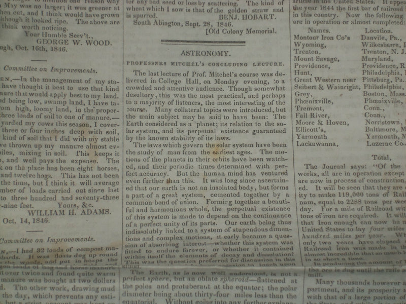 1846 DECEMBER 19 MASSACHUSETTS PLOUGHMAN -PROF. MITCHEL- DANIEL WEBSTER- NP 5139