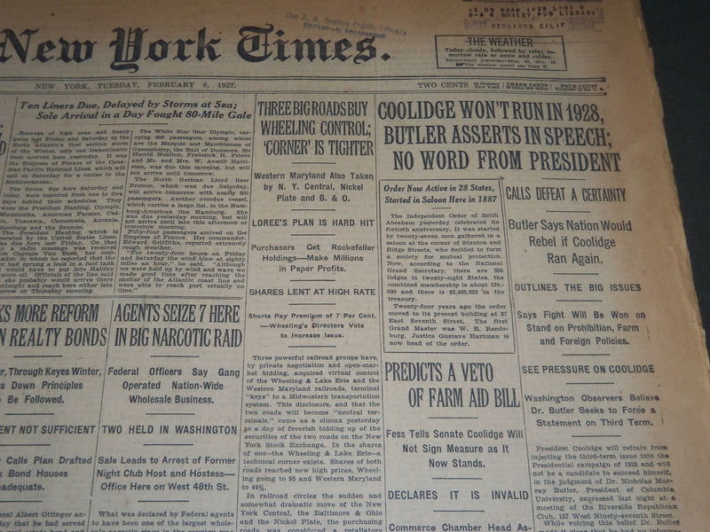 1927 FEBRUARY 8 NEW YORK TIMES - COOLIDGE WON'T RUN IN 1928 - NT 6353