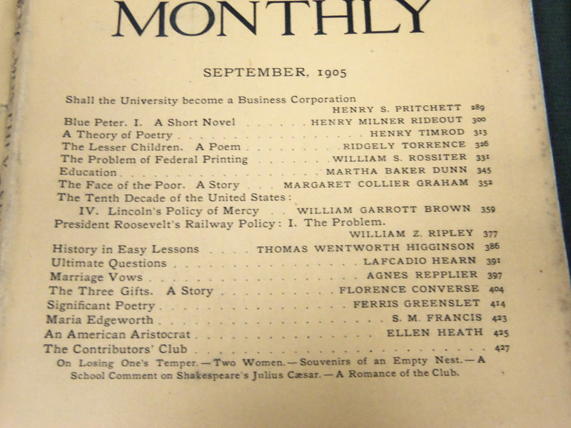 1905-1906 THE ATLANTIC MONTHLY MAGAZINE LOT 11 - STORIES & ARTICLES - WR 341Q