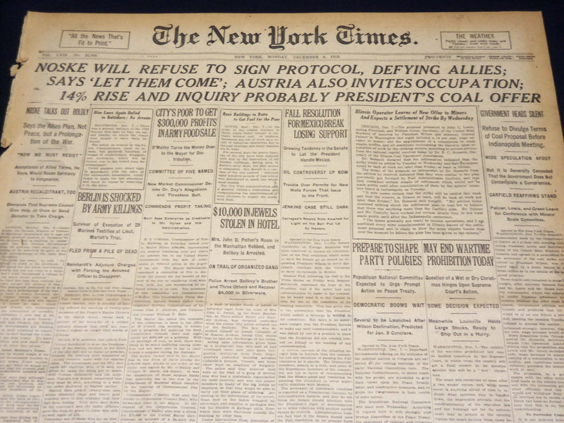 1919 DECEMBER 8 NEW YORK TIMES - NOSKE WILL REFUSE TO SIGN PROTOCOL - NT 7949