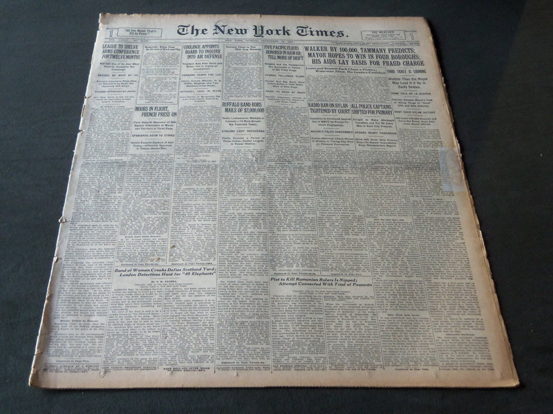 1925 SEPTEMBER 13 NEW YORK TIMES - WALKER BY 100,000 TAMMANY PREDICTS - NT 7211
