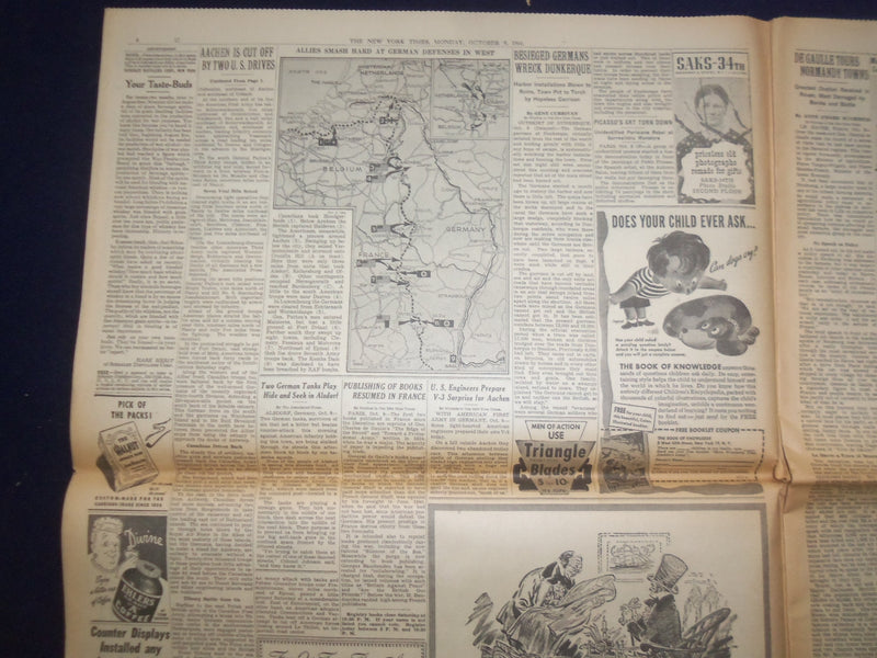 1944 OCT 9 NEW YORK TIMES - U.S. VISE GRIPS AACHEN; 3D ARMY LASHES OUT - NP 6636