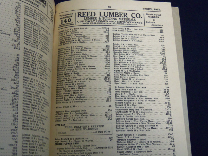 1939 MARCH PALMER DISTRICT TELEPHONE DIRECTORY - MASSACHUSETTS - J 8807