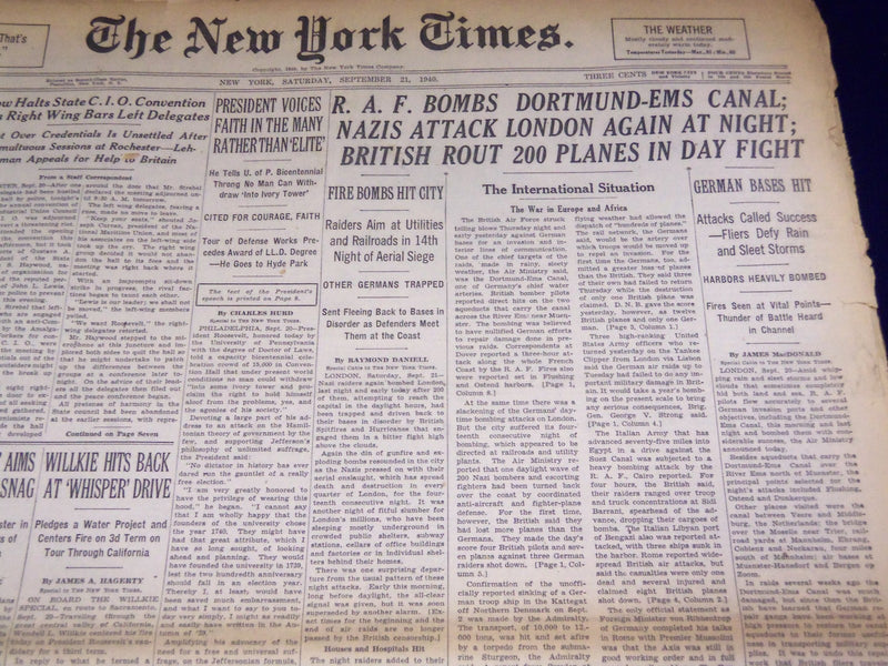 1940 SEPTEMBER 21 NEW YORK TIMES - RAF BOMB DORTMUND-EMS - NT 2935