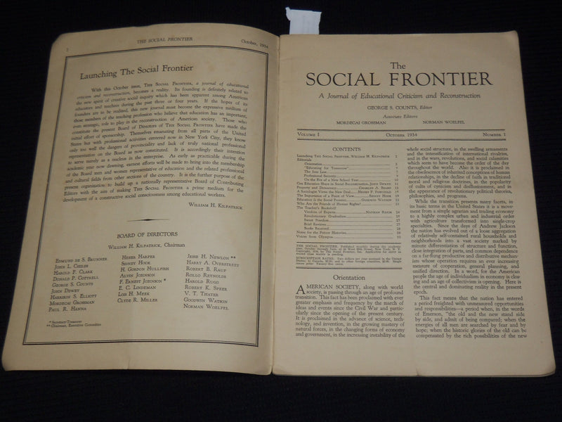 1934 OCTOBER THE SOCIAL FRONTIER JOURNAL MAGAZINE - VOLUME 1. NO. 1 - SP 4863E