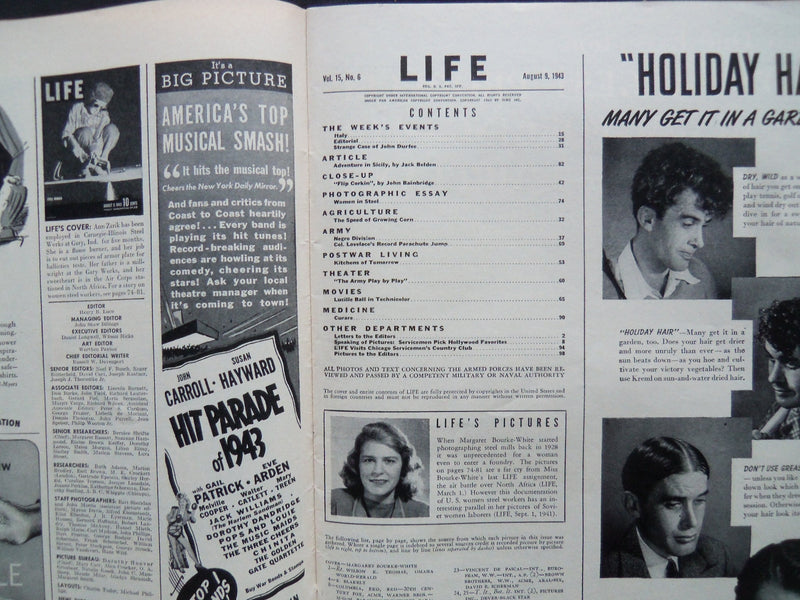 1943 AUGUST 9 LIFE MAGAZINE - STEEL WORKER - L 351