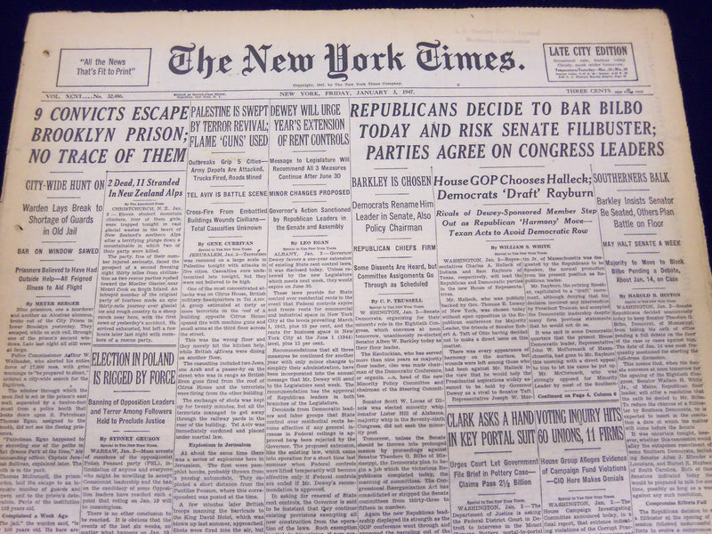 1947 JANUARY 3 NEW YORK TIMES - REPUBLICANS DECIDE TO BAR BILBO TODAY - NT 99