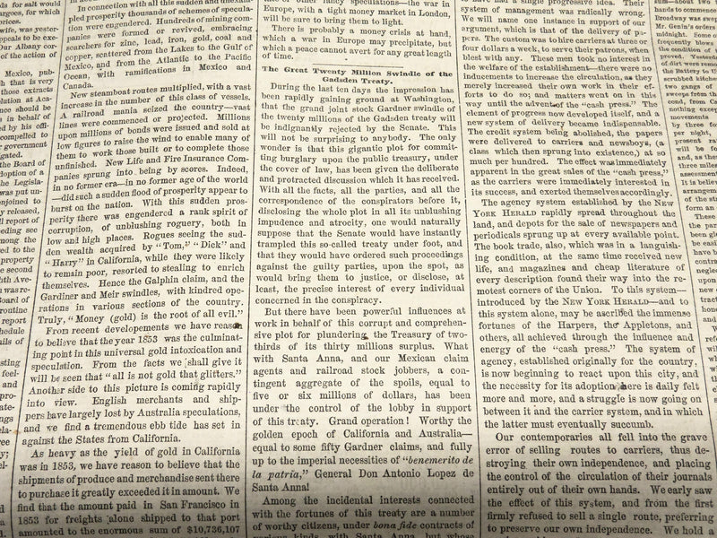 1854 APRIL 8 NEW YORK HERALD NEWSPAPER - GADSDEN TREATY - 33RD CONGRESS- NP 4892