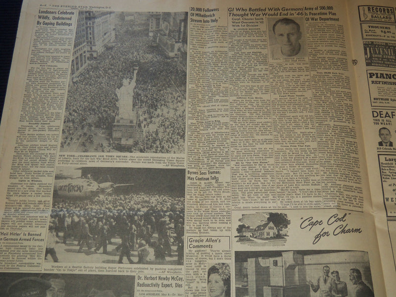 1945 MAY 8 THE EVENING STAR NEWSPAPER - TRUMAN PROCLAIMS - V-E DAY - NT 9457