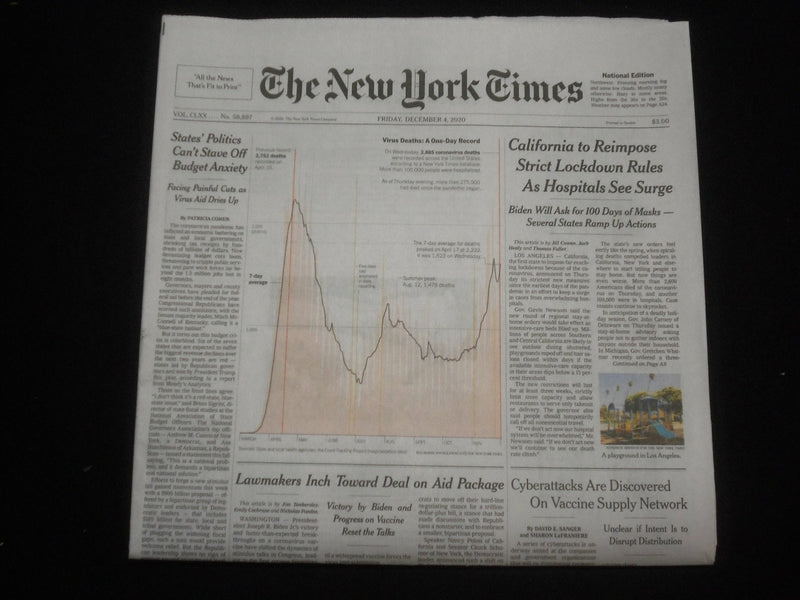 2020 DEC 4 NEW YORK TIMES- CA TO REIMPOSE STRICT LOCKDOWN RULES, HOSPITALS SURGE
