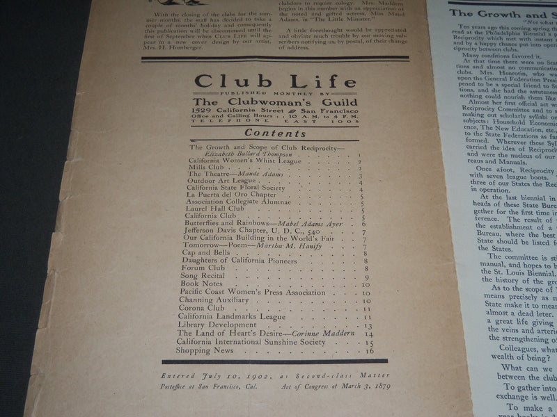 1904 JUNE CLUB LIFE MAGAZINE - MAUDE ADAMS COVER - J 2535