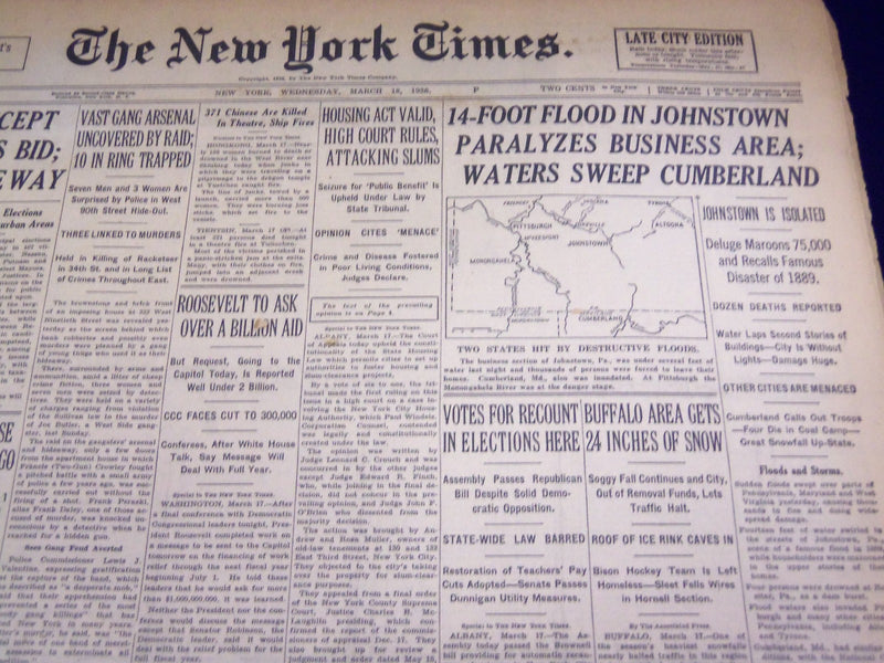 1936 MARCH 18 NEW YORK TIMES - 14 FOOT FLOOD IN JOHNSTOWN - NT 2129