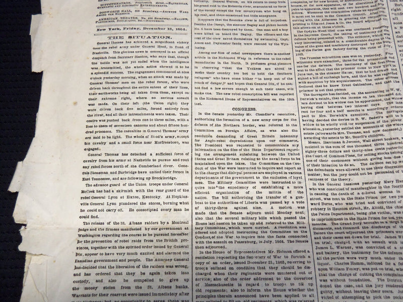 1864 DECEMBER 16 NEW YORK HERALD NEWSPAPER - SHERMAN - NASHVILLE - NP 4252R