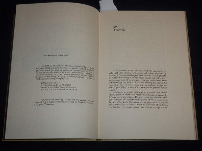 1972 ABRAHAM H. MASLOW A MEMORIAL VOLUME - BERTHA MASLOW - KD 5293U