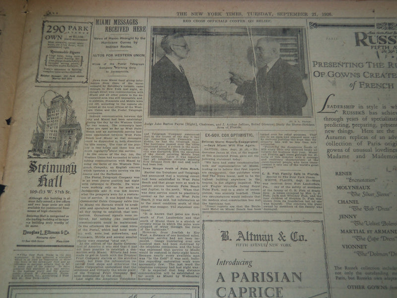 1926 SEPT 21 NEW YORK TIMES - NATION RUSHING RELIEF TO FLORIDA'S 40,000- NT 7578