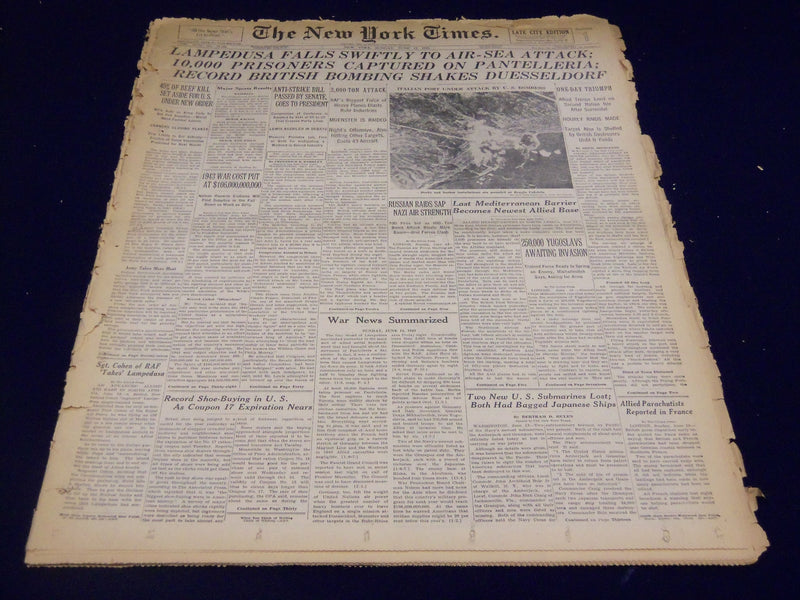 1943 JUNE 13 NEW YORK TIMES - LAMPEDUSA FALLS SWIFTLY TO AIR-SEA ATTACK - NT 966