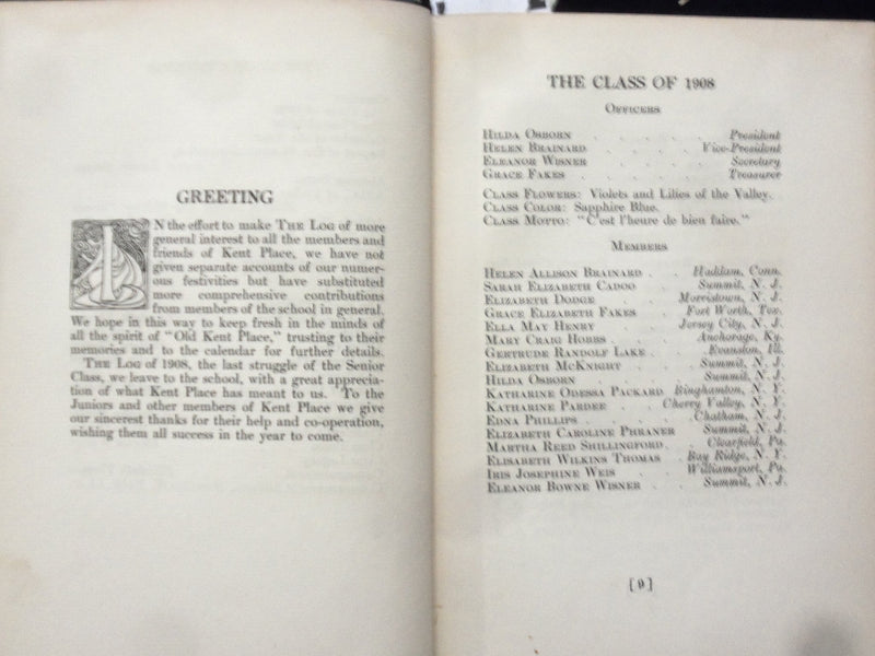 1908 THE LOG - KENT PLACE HARDCOVER BOOK - SUMMIT, NEW JERSEY - K 186