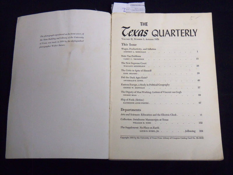 1959 AUTUMN THE TEXAS QUARTERLY MAGAZINE - STATE TAX PROBLEMS - KD 2057E