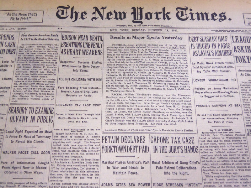 1931 OCTOBER 18 NEW YORK TIMES - EDISON NEAR DEATH AS HEART WEAKENS - NT 4933