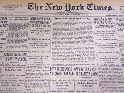 1931 OCTOBER 18 NEW YORK TIMES - EDISON NEAR DEATH AS HEART WEAKENS - NT 4933