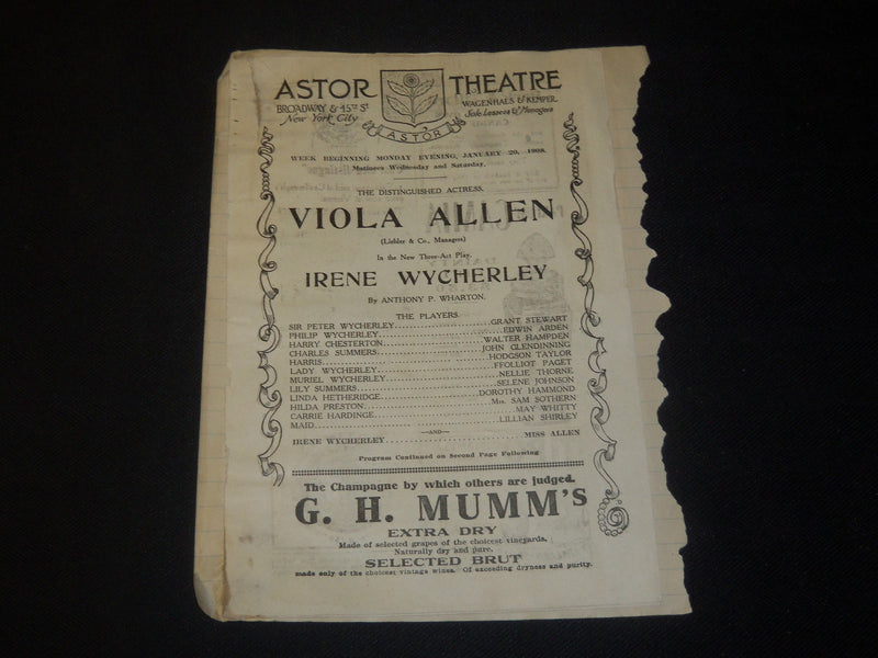 1909 ARTHUR BYRON CUT SIGNATURE & IRENE WYCHERLEY THEATRE PROGRAM - J 5513