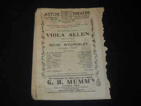 1909 ARTHUR BYRON CUT SIGNATURE & IRENE WYCHERLEY THEATRE PROGRAM - J 5513