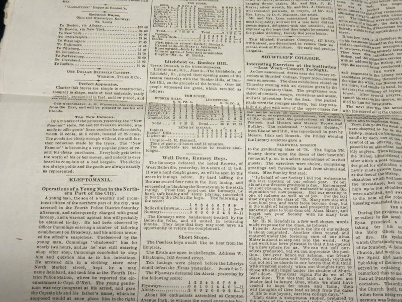 1876 JUNE 5 ST. LOUIS GLOBE DEMOCRAT NEWSPAPER - BASEBALL - SING SING - NP 4827