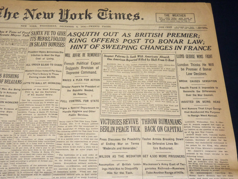 1916 DECEMBER 6 NEW YORK TIMES - ASQUITH OUT AS BRITISH PREMIER - NT 8628