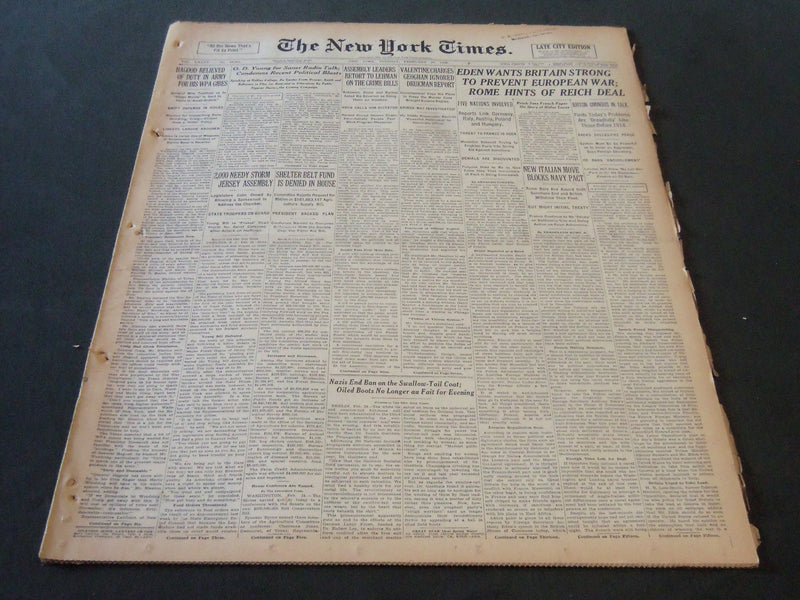 1936 FEB 25 NEW YORK TIMES - EDEN'S WANTS BRITAIN STRONG TO PREVENT WAR- NT 6701