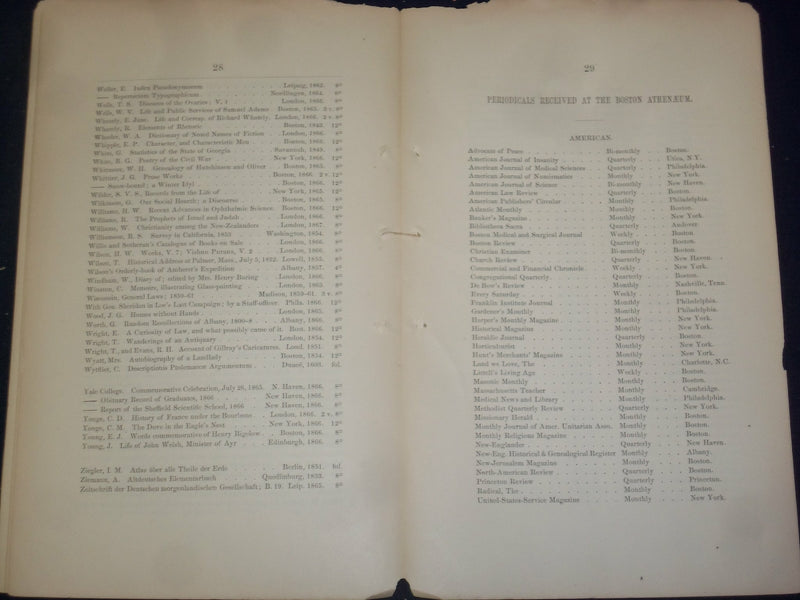 1866 LIST OF BOOKS ADDED TO THE LIBRARY OF THE BOSTON ATHENAEUM - J 4467