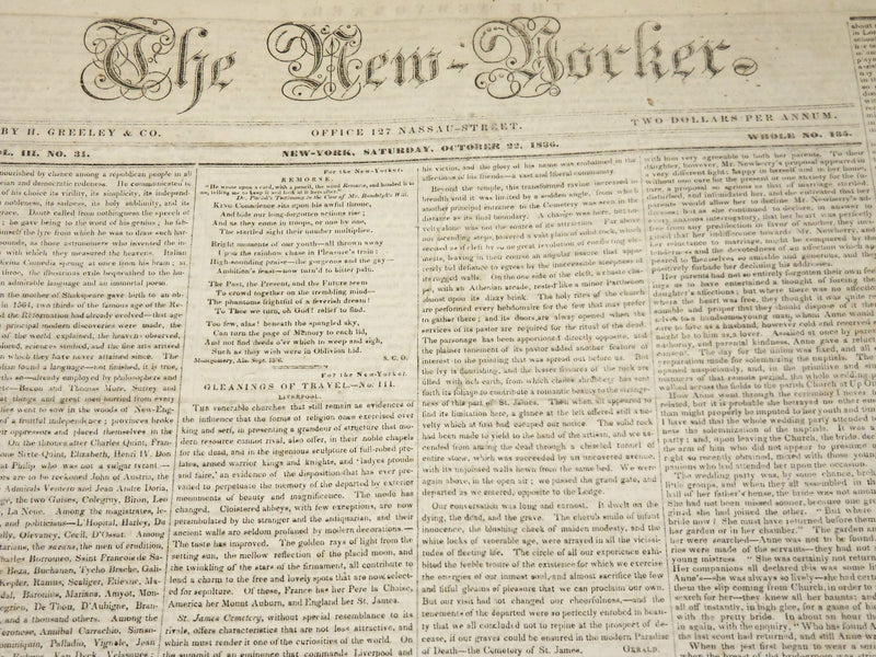 1836 OCTOBER 15 & 22 THE NEW YORKER NEWSPAPER LOT OF 2 ISSUES - NP 4868
