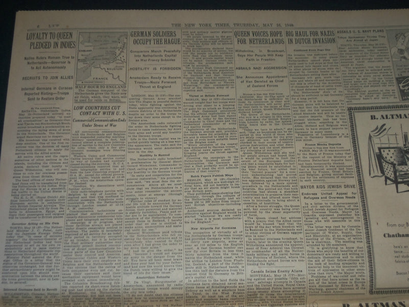 1940 MAY 16 NEW YORK TIMES - GREAT BATTLE FLUCTUATES ON 60 MILE FRONT - NP 3609