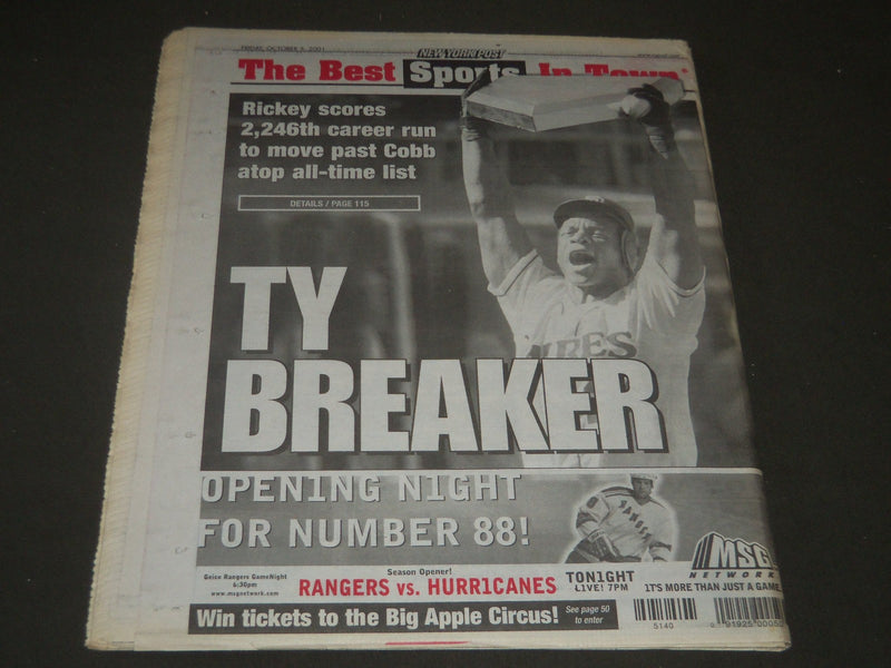 2001 OCTOBER 5 NY POST NEWSPAPER - TY BREAKER RICKEY MOVES PAST COBB - NP 2571