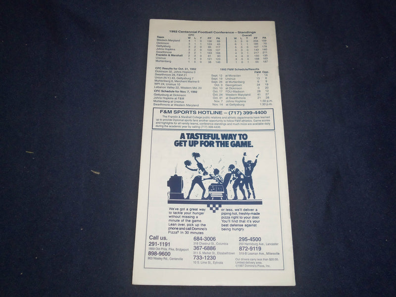 1992 NOV 7 FRANKLIN & MARSHALL VS JOHNS HOPKINS UNIV FOOTBALL PROGRAM - ST 1951T