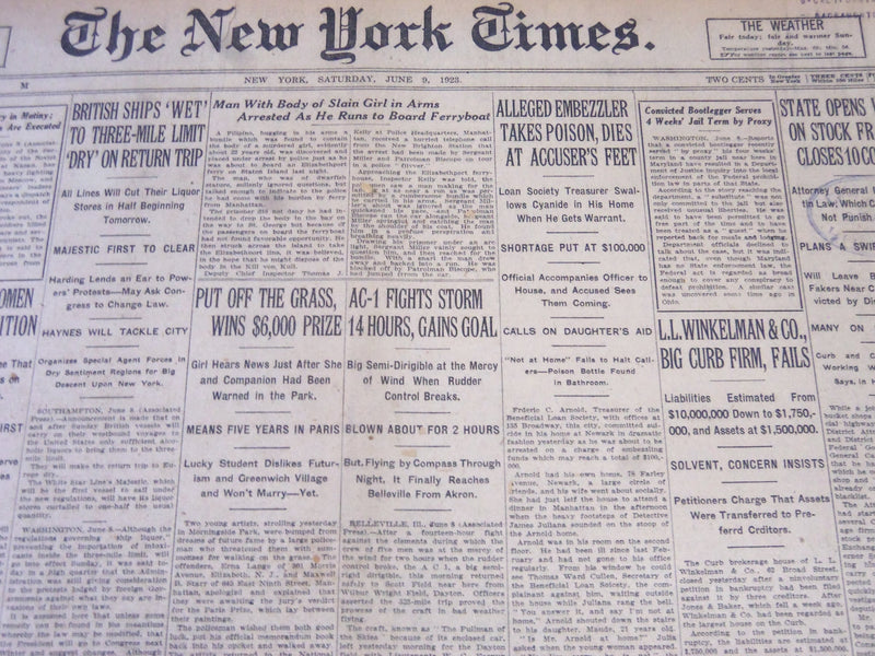 1923 JUNE 9 NEW YORK TIMES - L. L. WINKELMAN & CO. FAILS - NT 5860