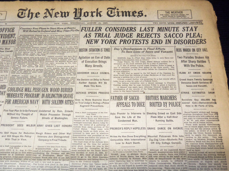 1927 AUG 10 NEW YORK TIMES - JUDGE REJECTS SACCO PLEA -FULLER CONSIDERS- NT 9560