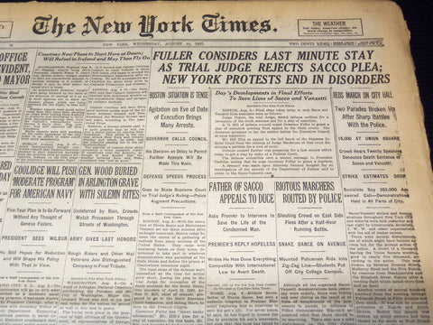 1927 AUG 10 NEW YORK TIMES - JUDGE REJECTS SACCO PLEA -FULLER CONSIDERS- NT 9560