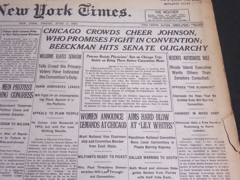1920 JUNE 4 NEW YORK TIMES - CHICAGO CROWDS CHEER JOHNSON - NT 6942