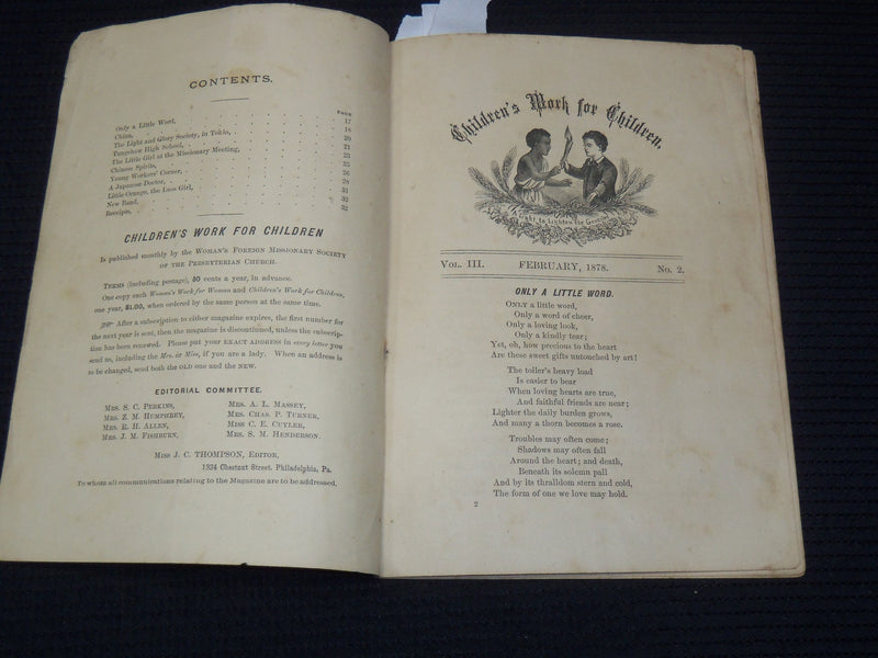 1878 FEBRUARY CHILDREN'S WORK FOR CHILDREN MAGAZINE -PRESBYTERIAN CHURCH- K 2127