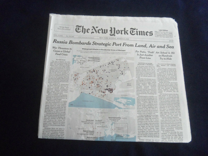 2022 MARCH 21 NEW YORK TIMES-RUSSIA BOMBARDS STRATEGIC PORT FROM LAND, AIR & SEA