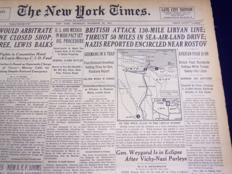 1941 NOVEMBER 20 NEW YORK TIMES - BRITISH ATTACK 130-MILE LIBYAN LINE - NT 1113
