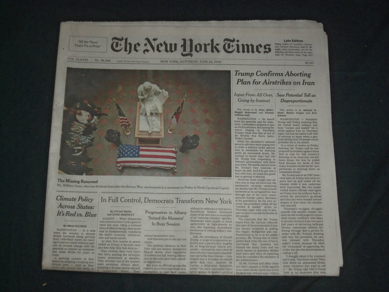 2019 JUNE 22 NEW YORK TIMES - TRUMP CONFIRMS ABORTING PLAN FOR AIRSTRIKS ON IRAN