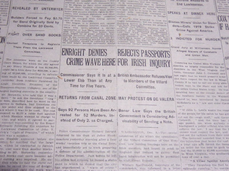 1920 DECEMBER 9 NEW YORK TIMES - ENRIGHT DENIES CRIME WAVE HERE - NT 6758