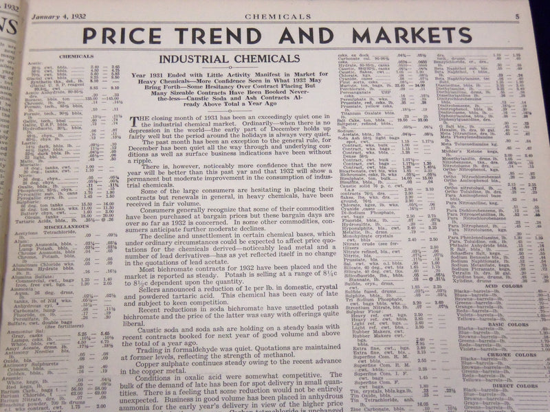 1932 JAN-DEC CHEMICALS MAGAZINE BOUND VOLUME PRICE TRENDS IMPORTS ADS - KD 662