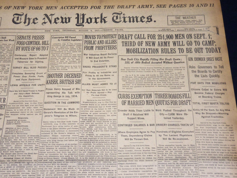 1917 AUGUST 9 NEW YORK TIMES - DRAFT CALL FOR 251,900 MEN - NT 8506