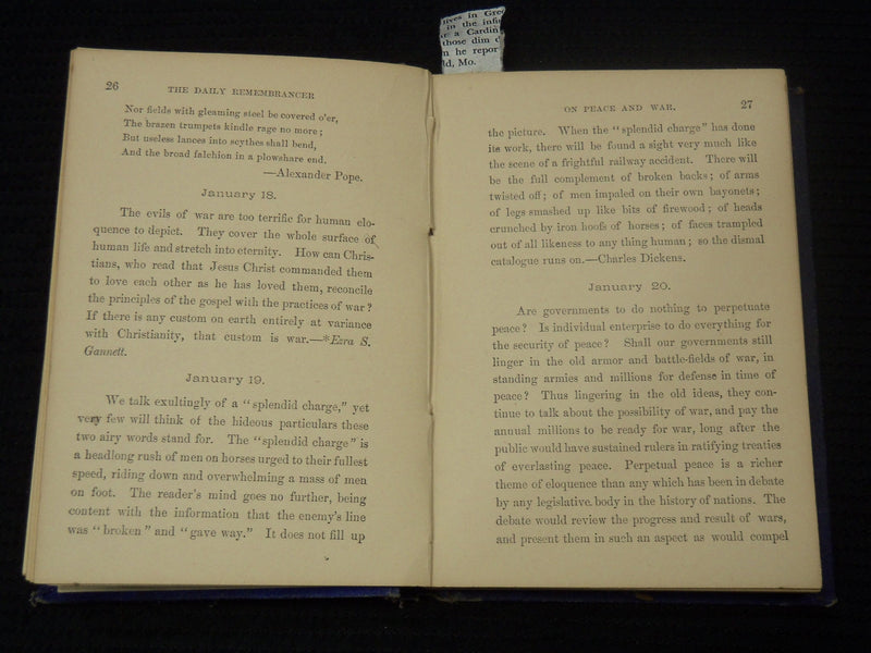 1875 THE DAILY REMEMBRANCER ON PEACE & WAR BOOK BY JOHN HEMMENWAY - KD 2100