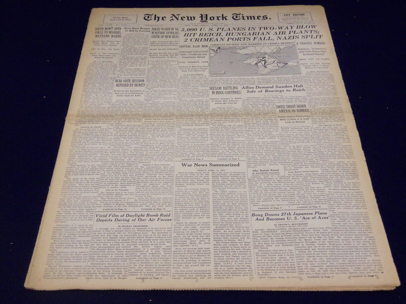 1944 APRIL 14 NEW YORK TIMES - 3,000 U. S. PLANES HIT REICH, NAZIS SPLIT- NT 820